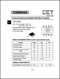 CEM9433 datasheet: 20V P-channel logic level enhancement mode field effect transistor CEM9433