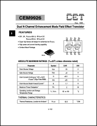 CEM9926 datasheet: 20V Dual N-channel enhancement mode field effect transistor CEM9926