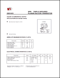 2SD1433 datasheet: NPN tripple diffused planar silicin transistor. Color TV horizontal output applications(no damper diode) 2SD1433