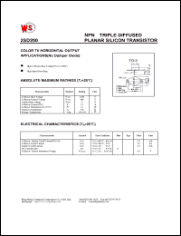 2SD200 datasheet: NPN triple diffused planar silicon transistor. Color TV horizontal output applications (no damper diode). Vcbo=1500V 2SD200