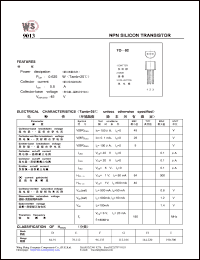 9013 datasheet: NPN silicon transistor. Power dissipation 0.625W (Tamb=25deg.C). Collector current 0.5A. Collector-base voltage 45V. 9013