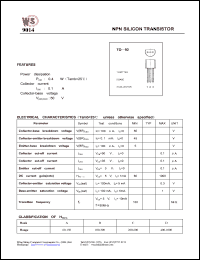 9014 datasheet: NPN silicon transistor. Power dissipation 0.4W (Tamb=25deg.C). Collector current 0.1A. Collector-base voltage 50V. 9014