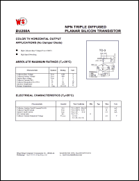 BU208A datasheet: NPN triple diffused planar silicon transistor. Color TV horizontal output applications(no damper diode) Collector-base voltage 1500V. Collector-emitter voltage 800V. Emitter-base voltage 6V BU208A