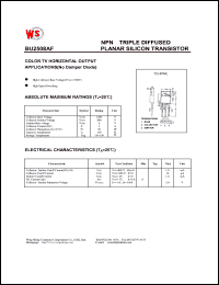 BU2508AF datasheet: NPN triple diffused planar silicon transistor. Color TV horizontal output applications(no damper diode) Collector-base voltage 1500V. Collector-emitter voltage 800V. Emitter-base voltage 4V BU2508AF