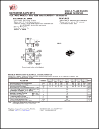 KBPC3501 datasheet: Single-phase silicon bridge rectifier. Current 35A. Maximum recurrent peak reverse voltage 100V. Maximum RMS bridge input voltage 70V. Maximum DC blocking voltage 100V KBPC3501