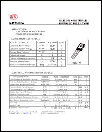 MJE13002A datasheet: Silicon NPN triple diffused MESA type. Electronic transformers, power switching circuit. Vcbo=600V, Vceo=400V, Vebo=9V MJE13002A