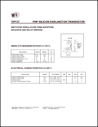 TIP137 datasheet: PNP silicon darlington transistor. Switching regulators. PWM inverters. Solenoid and relay drivers. TIP137