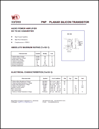 TIP2955 datasheet: PNP planar silicon transistor. Audio power amplifier. DC to DC converter. Collector-base voltage -60V. Collector-emitter voltage -60V. Emitter-base voltage -6V TIP2955