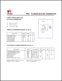 TIP36C datasheet: PNP planar silicon transistor. Audio power amplifier. DC to DC converter. Collector-base voltage  -100V. Collector-emitter voltage -100V. Emitter-base voltage -6V TIP36C