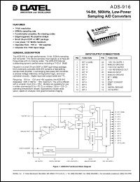 ADS-916GM datasheet: 14-Bit,500kHz, low-power sampling  A/D converter ADS-916GM