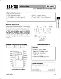 RF2117 datasheet: High efficiency 400MHz amplifier RF2117