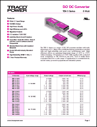 TEN5-4823 datasheet: 6 Watt,  input voltage range:36-75V, output voltage +/-15V (+/-200mA) DC/DC converter TEN5-4823