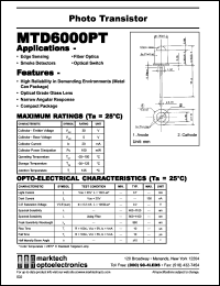 MTD6000PT datasheet: Photo transistor. Peak sensitivity wavelength 880 nm. MTD6000PT