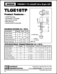 TLGE18TR datasheet: T-1.75 InGaAIP ultra bright LED lamp. Luminous intensity (mcd): 272(min), 700(typ). Peak wavelength 574 nm. TLGE18TR