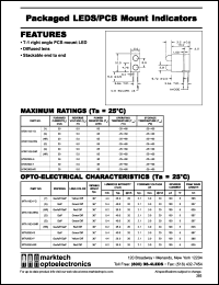 MTA1163-GHR datasheet: Packaged LED/PCB mount indicator. T-1 right angle PCB mount LED. Lens color: green diff (G), red diff (HR). Peak wavelength (nm): 567 (G), 635 (HR). Luminous intensity (mcd) @20 mA: 5.4 (min G), 6.2(min HR), 40.0(typ. G), 35.0(typ.HR). MTA1163-GHR