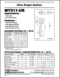 MT511-UR datasheet: Ultra bright emitter. Fiber optics. Bar code scanning. Water clear. Peak emission wavelength 660 nm. MT511-UR