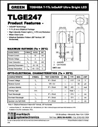 TLGE247 datasheet: TOSHIBA T-1.75 InGaAlP ultra bright LED. Color green. Lens color water clear. Peak wavelength 574 nm. TLGE247