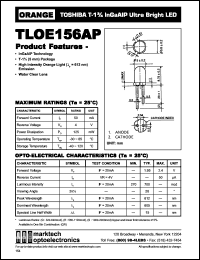 TLOE156AP datasheet: TOSHIBA T-1.75 InGaAlP ultra bright LED. Lens color water clear. Peak wavelength 612 nm. TLOE156AP