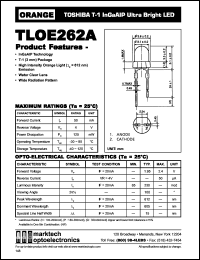 TLOE262A datasheet: TOSHIBA T-1 InGaAlP ultra bright LED. Color orange. Lens color water clear. Peak wavelength 612 nm. TLOE262A