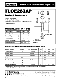 TLOE263AP datasheet: TOSHIBA T-1,75 InGaAlP ultra bright LED. Color orange. Lens color water clear. Peak wavelength 612 nm. TLOE263AP