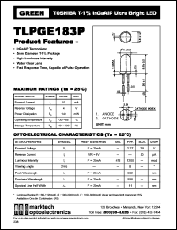 TLPGE183P datasheet: TOSHIBA T-1.75 InGaAlP ultra bright LED. Color green. Lens color water clear. Peak wavelength 562 nm. TLPGE183P