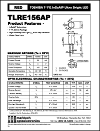 TLRE156AP datasheet: TOSHIBA T-1.75 InGaAlP ultra bright LED. Color red. Lens color water clear. Peak wavelength 644 nm. TLRE156AP
