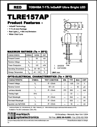 TLRE157AP datasheet: TOSHIBA T-1.75 InGaAlP ultra bright LED. Color red. Lens color water clear. Peak wavelength 644 nm. TLRE157AP
