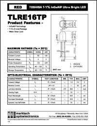 TLRE16TP datasheet: TOSHIBA T-1.75 InGaAlP ultra bright LED. Color red. Lens color water clear. Peak wavelength 644 nm. TLRE16TP