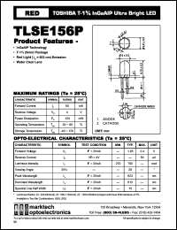 TLSE156P datasheet: TOSHIBA T-1.75 InGaAlP ultra bright LED. Color red. Lens color water clear. Peak wavelength 623 nm. TLSE156P