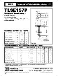 TLSE157P datasheet: TOSHIBA T-1.75 InGaAlP ultra bright LED. Color red. Lens color water clear. Peak wavelength 623 nm. TLSE157P