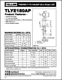 TLYE180AP datasheet: TOSHIBA T-1.75 InGaAlP ultra bright LED. Color yellow. Water clear lens. Peak wavelength 590 nm. TLYE180AP