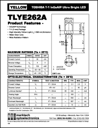 TLYE262A datasheet: TOSHIBA T-1 InGaAlP ultra bright LED. Color yellow. Water clear lens. Peak wavelength 590 nm. TLYE262A