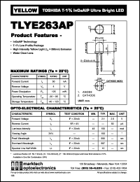 TLYE263AP datasheet: TOSHIBA T-1.75 InGaAlP ultra bright LED. Color yellow. Water clear lens. Peak wavelength 590 nm. TLYE263AP