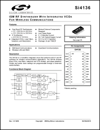 Si4136-BT datasheet: ISM RF synthesizer with integrated VCOs for wireless communications. 2.5GHz/2.3GHz/IF out Si4136-BT