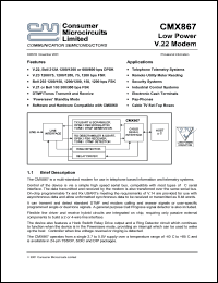 CMX867D2 datasheet: Low power V.22 modem CMX867D2