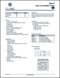 PAA110S datasheet: Single pole optoMOS relay PAA110S
