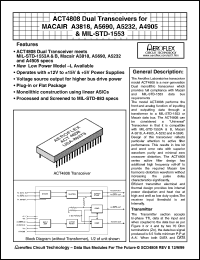 ACT4808LDFI datasheet: Dual transceiver for MACAIR A3818, A5690, A5232, A4905 & MIL-STD-1553. Receiver data level normally high. ACT4808LDFI