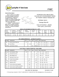 F1027 datasheet: 200 Watt, Patented  gold metalized silicon gate enhancement mode RF power VDMOS transistor F1027