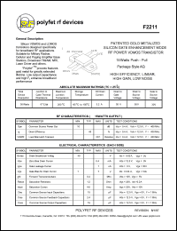 F2211 datasheet: 15 Watt, Patented  gold metalized silicon gate enhancement mode RF power VDMOS transistor F2211