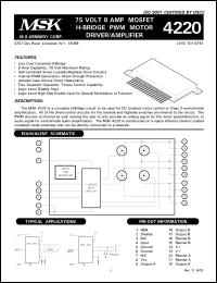 MSK4220 datasheet: 75 V, 8A MOSFET H-bridge PWM motor driver/amplifier MSK4220