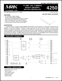 MSK4250 datasheet: 75 V, 10A MOSFET H-bridge brushed motor controller MSK4250