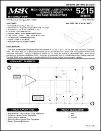 MSK5215-5 datasheet: 5V, High current, low dropout surface mount voltage regulator MSK5215-5