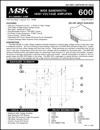 MSK600 datasheet: Wide bandwidth high voltage amplifier MSK600