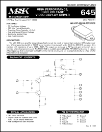 MSK645B datasheet: High performance, high voltage video display driver MSK645B