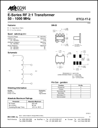 ETC2-1T-2TR datasheet: 50-1000 MHz, RF 2:1 transformer, RF power 250mW, DC current 30mA ETC2-1T-2TR