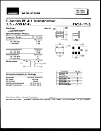 ETC4-1T-3 datasheet: 1.5-600 MHz, RF 4:1 transformer, RF power 250mW, DC current 30mA ETC4-1T-3