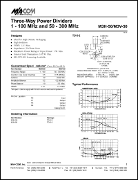 M3H-50 datasheet: 1-100 MHz and 50-300 MHz, Three-way power divider M3H-50