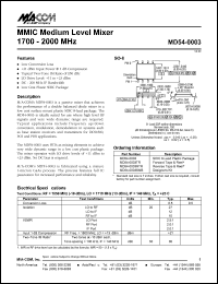 MD54-0003TR datasheet: 1700-2000 MHz, MMIC medium level mixer MD54-0003TR