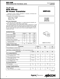 MRF455 datasheet: 60 W, 30 MHz, RF power transistor NPN silicon MRF455