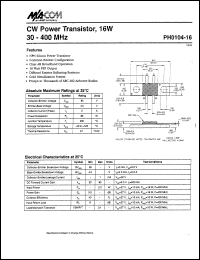 PH0104-16 datasheet: 30-400 MHz, 16 W, CW power transistor PH0104-16